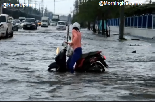 ฝนตกหนักน้ำท่วมผิวจราจรนิคมอุตสาหกรรม 304  สูง 20-30 ซม.