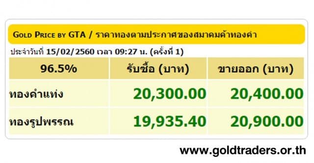 ราคาทองคำเปิดตลาด 15 ก.พ.60 ปรับขึ้น 50 บาท