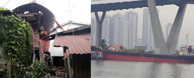 เรือสินค้าหลุดโค้ง ชนบ้านคนริมน้ำ ใต้สะพานภูมิพล 2 เคราะห์ดีไร้คนเจ็บ