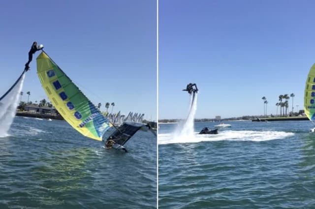 (คลิป) ทักษะเหนือชั้น! หนุ่มมะกันสวมบทฮีโร่ เหยียบ 'hydroboard' บินพุ่งขึ้นพลิกเรือใบ ช่วยชีวิต นทท.