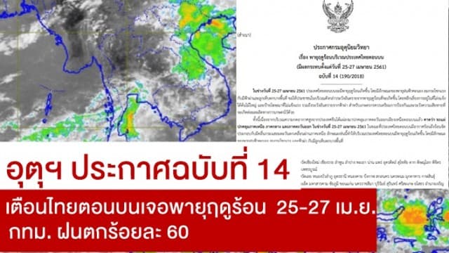 อุตุฯ ประกาศฉบับที่ 14  เตือนไทยตอนบนเจอพายุฤดูร้อน  25-27 เม.ย. กทม. ฝนตกร้อยละ 60