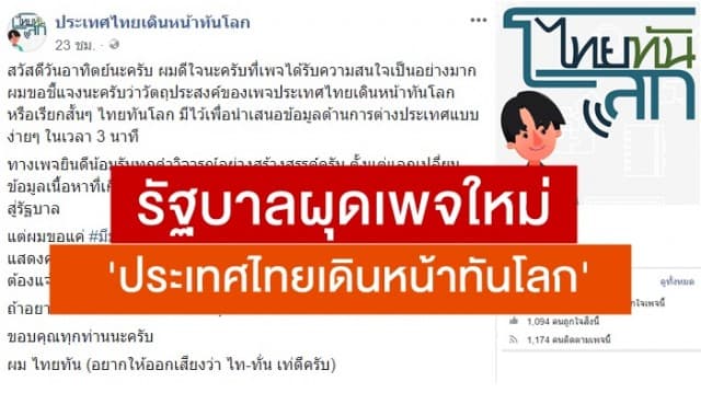 รัฐบาลผุดเพจใหม่ 'ประเทศไทยเดินหน้าทันโลก' ชวนคนรุ่นใหม่ติดตาม เพิ่มช่องทางพีอาร์ผลงานรัฐบาล 