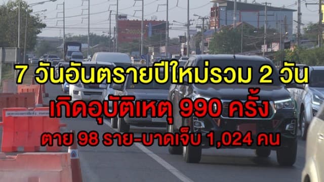 สรุป 7 วันอันตรายปีใหม่ 2 วัน เกิดอุบัติเหตุรวม 990 ครั้ง เสียชีวิตแล้ว 98 ราย-บาดเจ็บอีก 1,024 คน