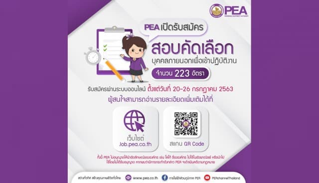 PEA เปิดรับสมัครสอบคัดเลือกบุคคลภายนอกเพื่อเข้าปฏิบัติงาน 223 อัตรา 