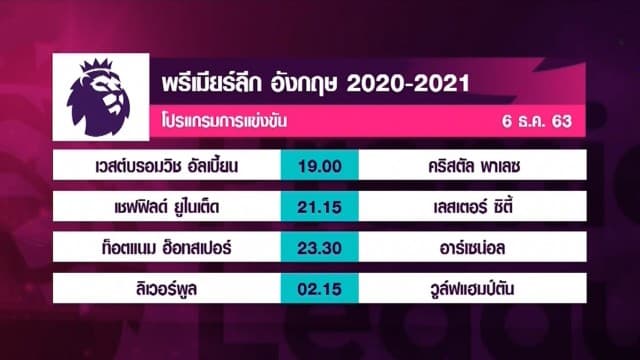 โปรแกรมการแข่งขันฟุตบอลพรีเมียร์ลีก วันที่ 6 ธ.ค.