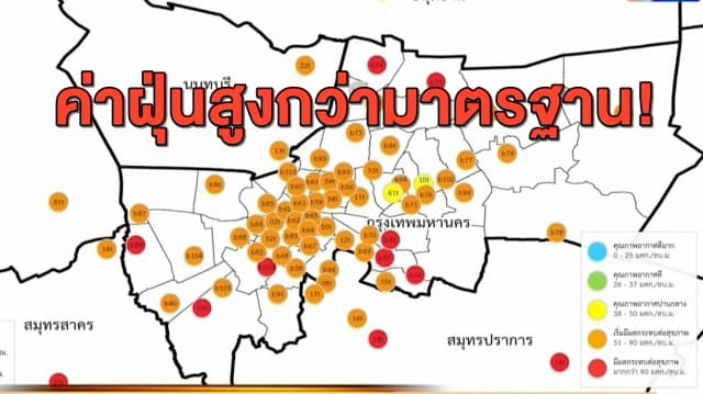 เตือนค่าฝุ่น PM 2.5 กทม.-ปริมณฑล ยังสูงกว่ามาตรฐาน หลายพื้นที่ยังอยู่ในระดับสีแดง