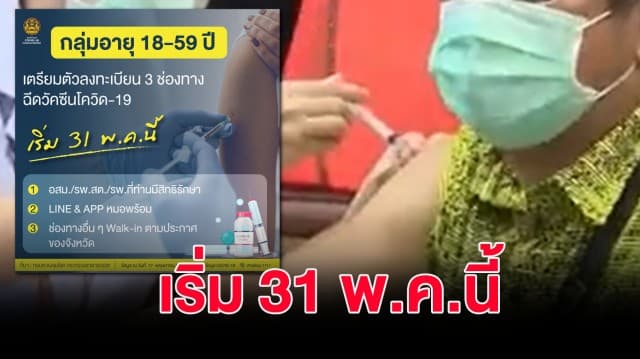 หมอพร้อม เตรียมเปิดให้คนกลุ่มอายุ 18-59 ปี ลงทะเบียน ฉีดวัคซีนโควิด-19 วันที่ 31 พ.ค.นี้ 