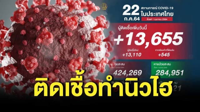 ผู้ติดเชื้อโควิดวันนี้พุ่งทำนิวไฮ ป่วยเพิ่ม 13,655 ราย ตาย 87 ชีวิต 