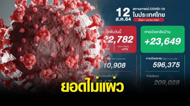 ยอดติดเชื้อโควิดยังสาหัส พบป่วยเพิ่ม 22,782 ราย คร่าอีก 147 ชีวิต กำลังรักษา 209,028 ราย