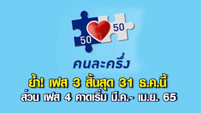 คลัง ย้ำ คนละครึ่งเฟส 3 สิ้นสุด 31 ธ.ค.นี้ ไม่มีการขยายเวลา ส่วน เฟส 4 คาดเริ่ม มี.ค.- เม.ย. 65