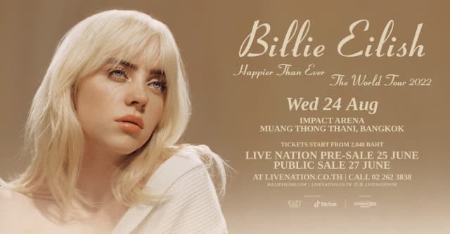 ศิลปินสาวมหัศจรรย์ “Billie Eilish” ประกาศตารางทัวร์ “Happier Than Ever, The World Tour” ในเอเชีย เตรียมจัดแสดงอย่างยิ่งใหญ่ในเมืองไทย ครั้งแรก! 24 ส.ค.นี้ 