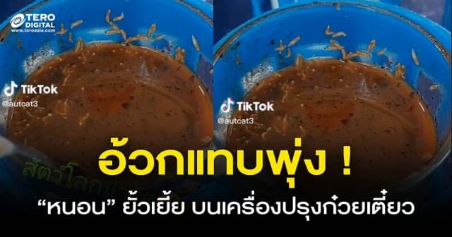 อ้วกแทบพุ่ง ! สาวแชร์คลิป “หนอน” ไต่ยั้วเยี้ย เต็มเครื่องปรุงก๋วยเตี๋ยว