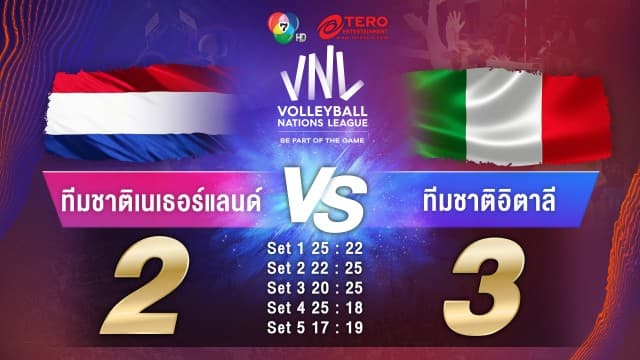 ผลคะแนน วอลเลย์บอลเนชันส์ลีก 2023 เนเธอร์แลนด์ พบ อิตาลี | 17 มิ.ย. 66 |