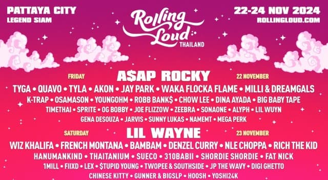 Rolling Loud Thailand 2024 ประกาศ Full Lineup จัดเต็ม! Playboi Carti, A$AP Rocky, Lil Wayne แท็กทีมเป็นเฮดไลน์เนอร์