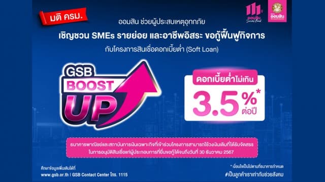 ออมสิน ช่วยผู้ประสบเหตุอุทกภัย เชิญชวน SMEs รายย่อย และอาชีพอิสระ ขอกู้ฟื้นฟูกิจการ กับโครงการสินเชื่อดอกเบี้ยต่ำ (Soft Loan) GSB Boost Up ได้ถึง 30 ธ.ค. 67