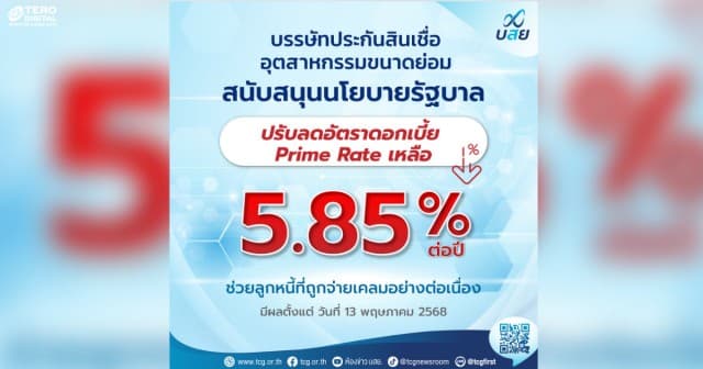 บสย. ประกาศลดดอกเบี้ย Prime Rate ครั้งที่ 2 ของปี เหลือ 5.85 ต่อปี มีผล 13 พ.ค. นี้   