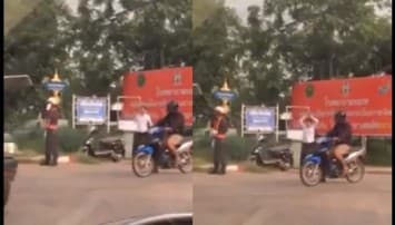 น่ารักอะ! คลิปตร.จับจยย.ไม่สวมหมวกกันน็อค ลงโทษกระโดดตบ