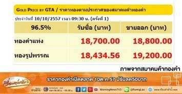ราคาทองคำเปิดตลาด 10ต.ค.57 ปรับลด50บาท 