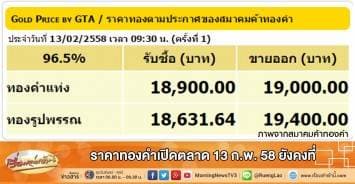 ราคาทองคำเปิดตลาด 13 ก.พ. 58 ยังคงที่