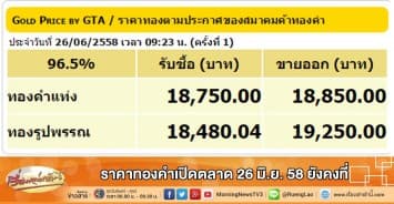 ราคาทองคำเปิดตลาด 26 มิ.ย. 58 ยังคงที่