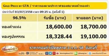 ราคาทองคำเปิดตลาด 3 ก.ค. 58  ยังคงที่