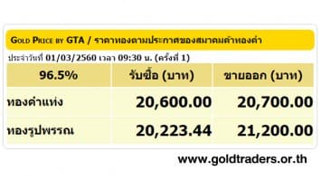ราคาทองคำเปิดตลาด 1 มี.ค.60 ยังคงที่