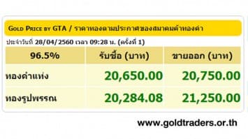 ราคาทองคำเปิดตลาด 28 เม.ย.60 ปรับขึ้น 50 บาท