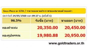 ราคาทองคำเปิดตลาด 23 พ.ค.60 ปรับลดลง 100 บาท