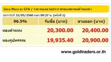 ราคาทองคำเปิดตลาด 31 พ.ค.60 ปรับลดลง 50 บาท