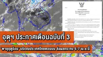 อุตุฯ ประกาศเตือนฉบับที่ 3 'พายุฤดูร้อน' บริเวณประเทศไทยตอนบน ส่งผลกระทบ 5-7 เม.ย.นี้