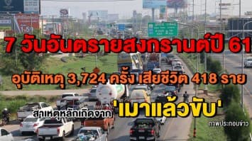 7 วันอันตรายสงกรานต์ปี 61 ยอดอุบัติเหตุ 3,724 ครั้ง เสียชีวิต 418 ราย นครราชสีมาครองแชมป์ผู้เสียชีวิตสูงสุด สาเหตุหลักเกิดจาก 'เมาแล้วขับ'