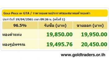 ราคาทองคำเปิดตลาด 19 เม.ย.61 ปรับขึ้น 50 บาท 